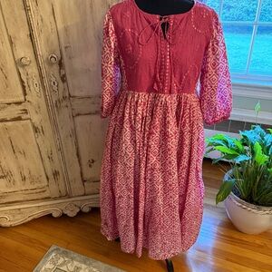 Cotton & More Boho Maxi style dress with embroidered bodice. Pink.boho chic
